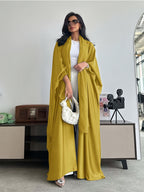 Middle Eastern Muslim Solid Color Loose Robe with Batwing Sleeves, Long Dubai Cardigan with Headscarf - ginger-colored