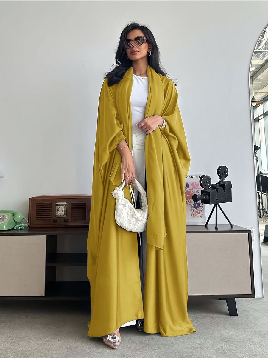 Middle Eastern Muslim Solid Color Loose Robe with Batwing Sleeves, Long Dubai Cardigan with Headscarf - ginger-colored