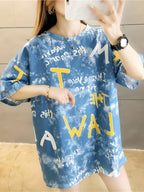 Women's Plus Size Loose Fit Cartoon Print T-Shirt - Casual Round Neck Short Sleeve Top, Breathable Medium Stretch Fabric, Long Length for Spring Summer Fall, Machine Washable, Ladies T Shirts - Sky Blue
