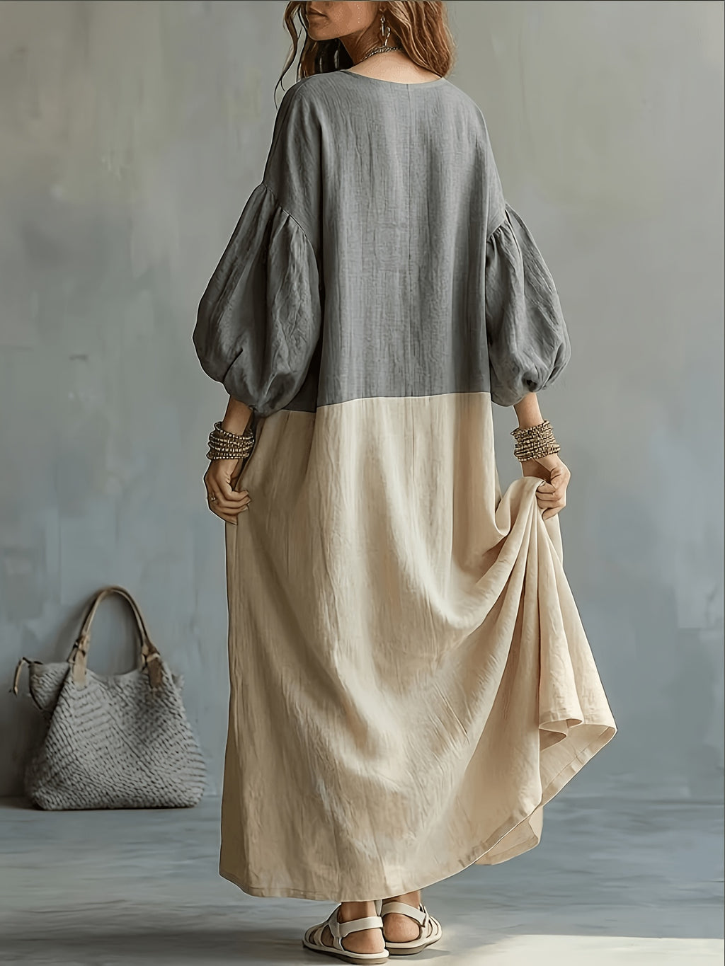 Plus Size - Autumn Winter Hot New Color-Block Artistic Casual Fashion Vacation Maxi Dress, Elegant Long Sleeve Dress - Dark Gray