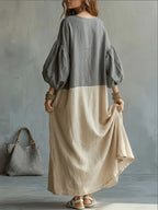 Plus Size - Autumn Winter Hot New Color-Block Artistic Casual Fashion Vacation Maxi Dress, Elegant Long Sleeve Dress - Dark Gray