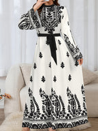Elegant Long-Sleeved Dress for Women, Featuring a Middle Eastern Style, with a Belt, Made of Fabric, And Machine Washable - Multicolor