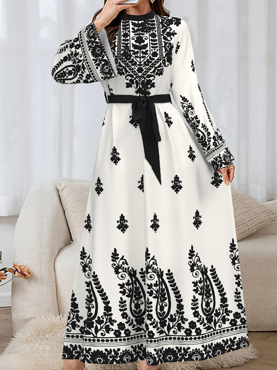 Elegant Long-Sleeved Dress for Women, Featuring a Middle Eastern Style, with a Belt, Made of Fabric, And Machine Washable - Multicolor
