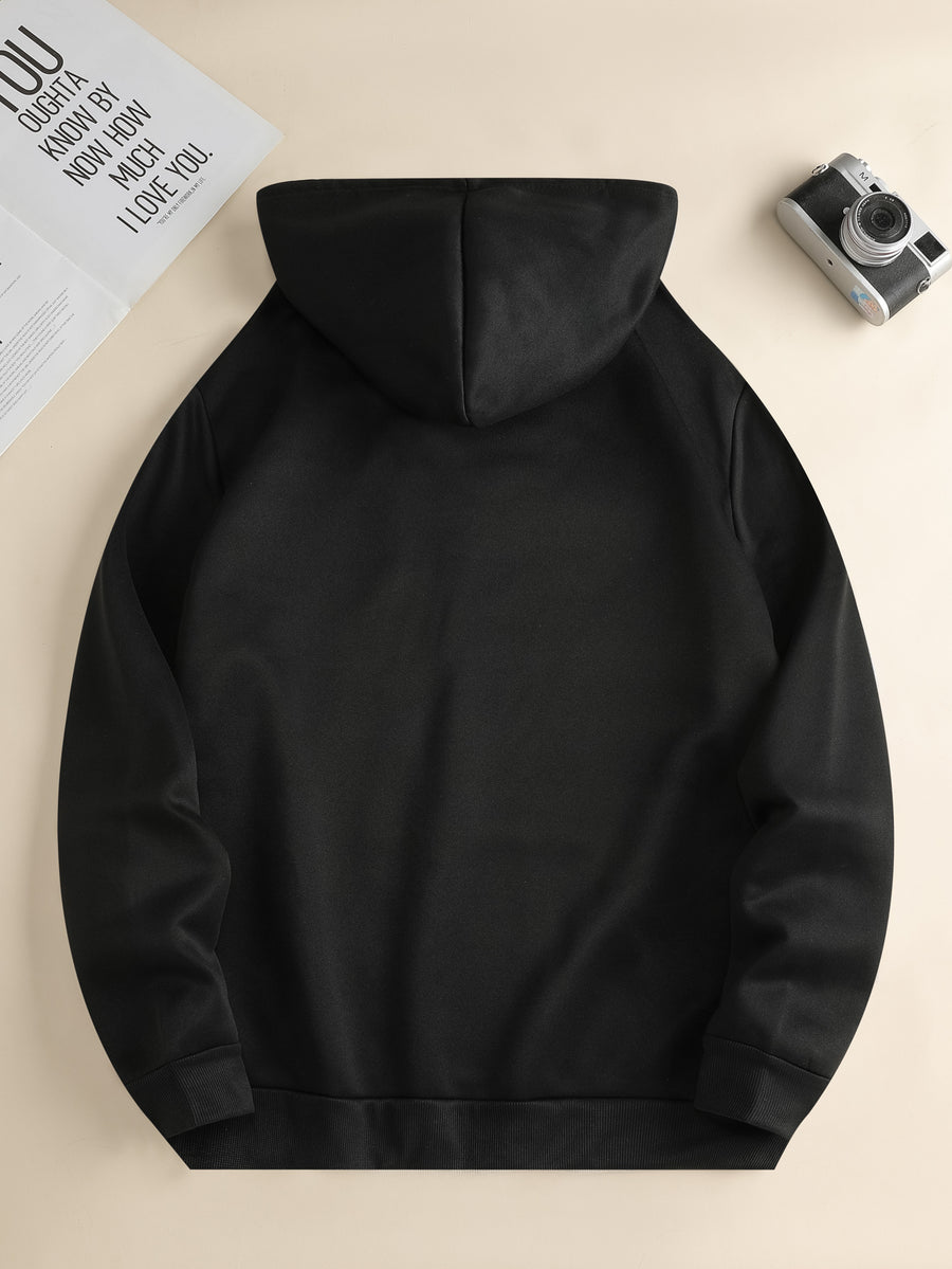 Men's Fashionable Hoodie, Loose-fit Casual Top with "X" Letter Print, Long-sleeve Sweatshirt Featuring a Kangaroo Pocket, Made of Casual Polyester Knit Fabric, Machine Washable, Suitable for Outdoor Casual Wear - Black