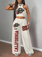 A Two-Piece Set for Women Consisting of a Casual Tank Top And Long Pants, Featuring a Regular Fit, Printed with The Number '23' And Letter Patterns, Using Digital Printing Technology, Stylish And Comfortable, Perfect for Everyday Wear - Apricot2