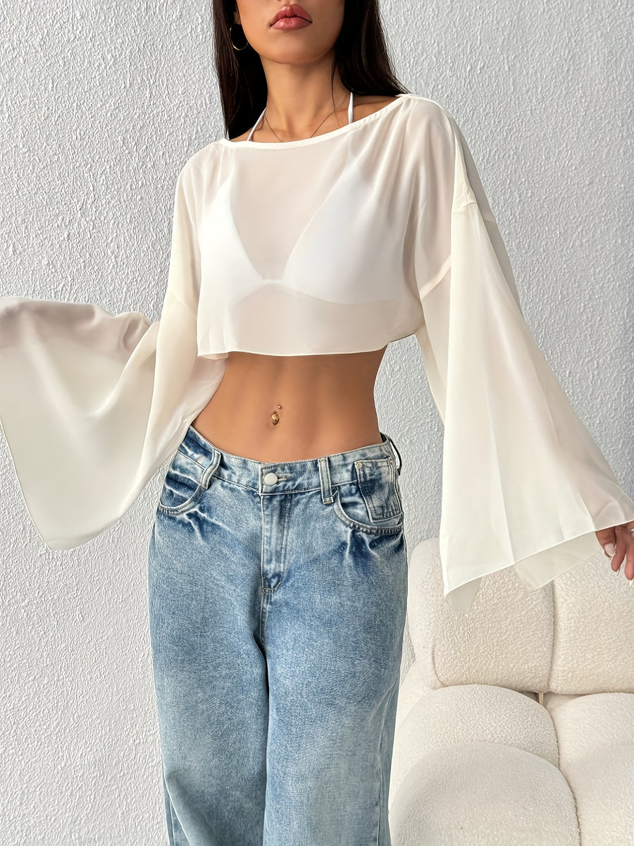 Women'S Solid Color Round Neck Batwing Sleeve Loose Short Shirt, Spring Summer Beach Cover-Up Top - Apricot