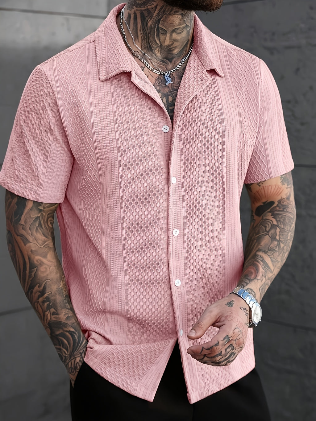 Men'S Solid Color Knitted Short Sleeve Shirt - Pink Color