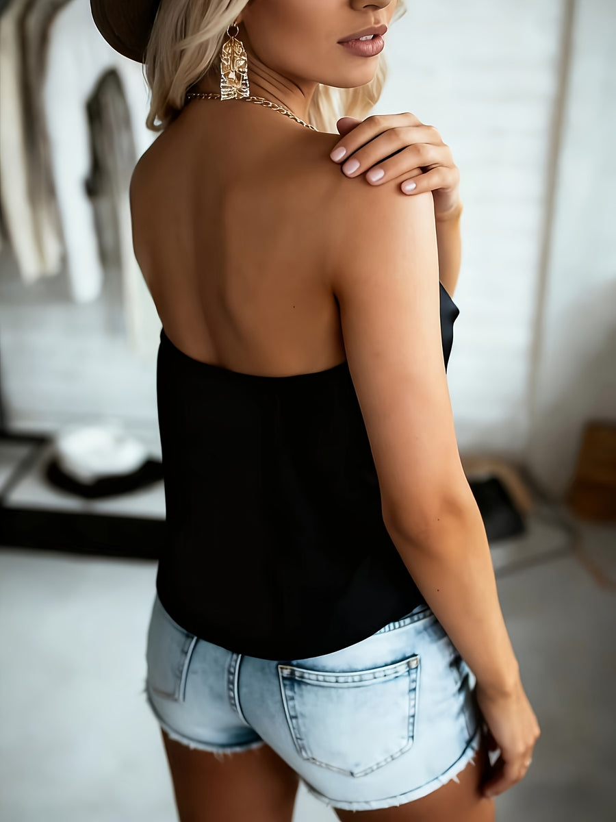 Women's Satin Black Camisole, Made of Imitation Fabric, Featuring a Sexy V-neck and Thin Straps. A Sleeveless Top Suitable for Layering or Wearing Alone, This Elegant Camisole Is a Versatile Summer Piece Perfect for Dates, Shopping, and Various - Black