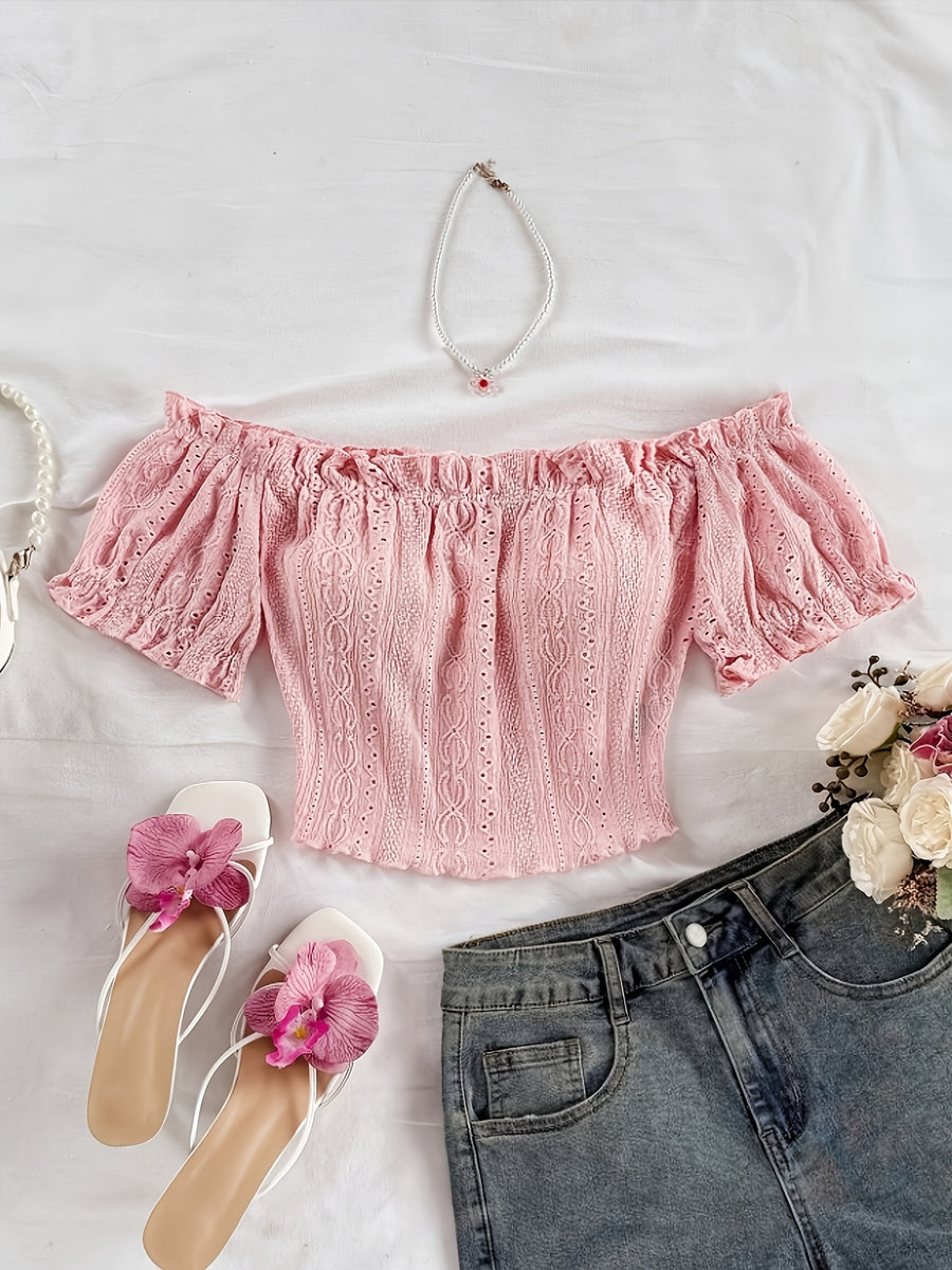 Women'S Bohemian Style Romantic Floral Vacation Style Floral Pattern Crop Off-Shoulder Top, Suitable for Daily Vacation Wear - pink color