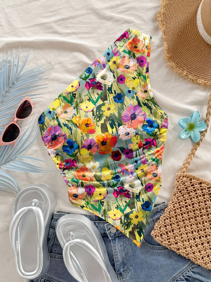 Women'S Fashion Strapless Printed Mini Casual Floral Pattern Asymmetrical Short Top, Perfect for Vacations - Yellow