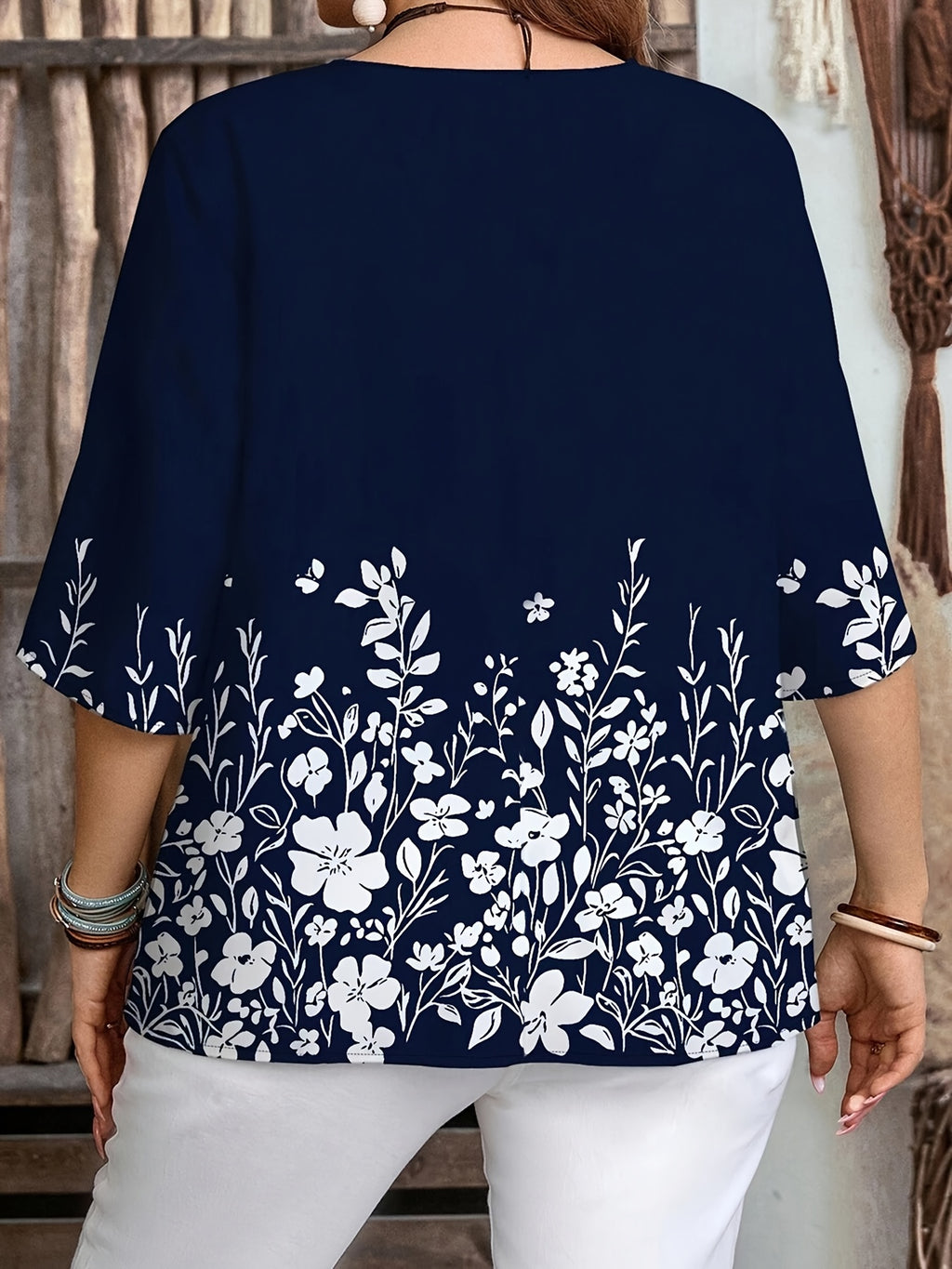 Women's Casual Fashion Positioning Printed Shirt Versatile Blue V-Neck Top - Blue