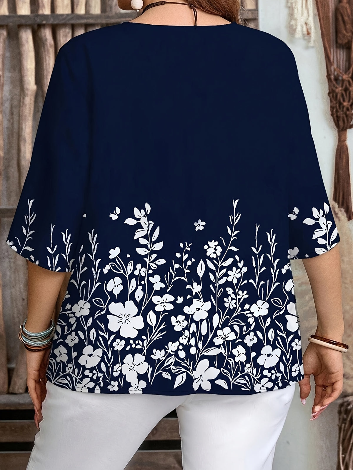 Women's Casual Fashion Positioning Printed Shirt Versatile Blue V-Neck Top - Blue