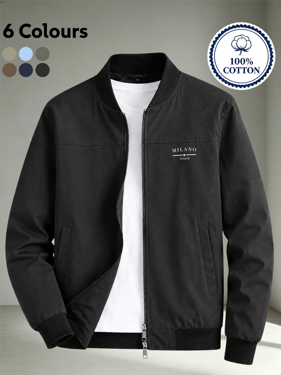 Men's Autumn/Winter 100% Zip-Up Pilot Jacket Coat, MILANO Print Zipper Stand Collar Casual Baseball Jacket, 6 Colors Available, Casual, Simple, Breathable, Lightweight Outerwear Winter Clothes for Men - Black