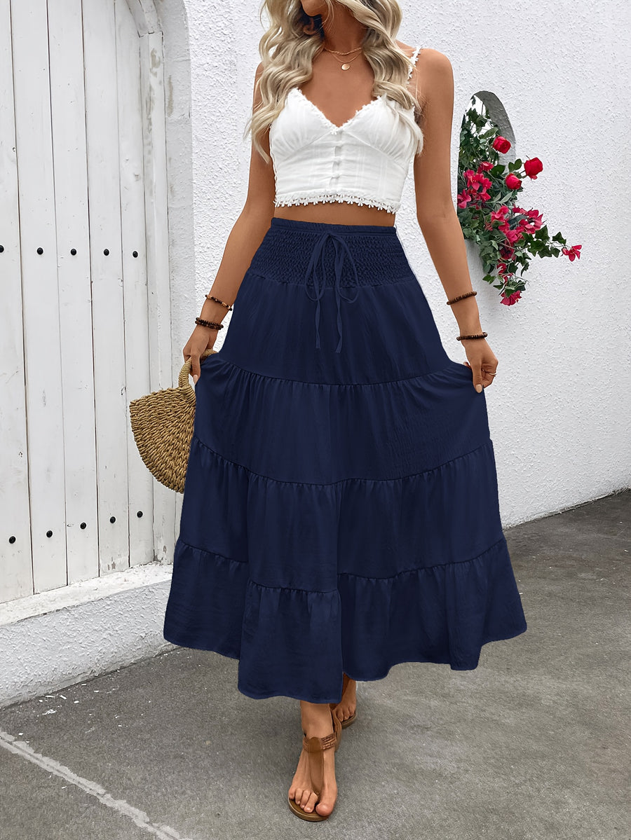 Women's elastic high-waisted ruffle A-line long skirt with drawstring design in Bohemian style. - Navy Color