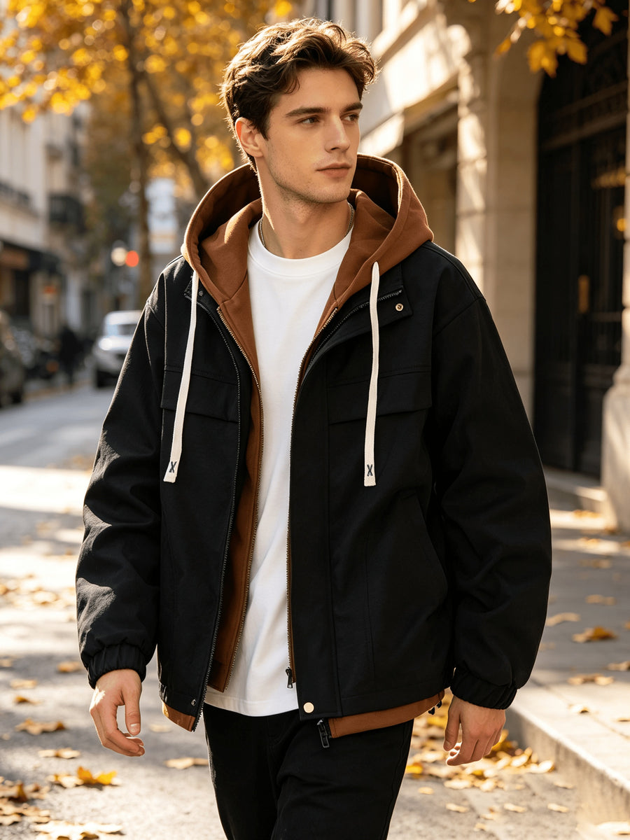 Men's Casual Hooded Jacket, Trendy and Versatile, Suitable for Outdoor and Daily Wear, Faux 2pcs Design, Spring and Autumn Style - Black