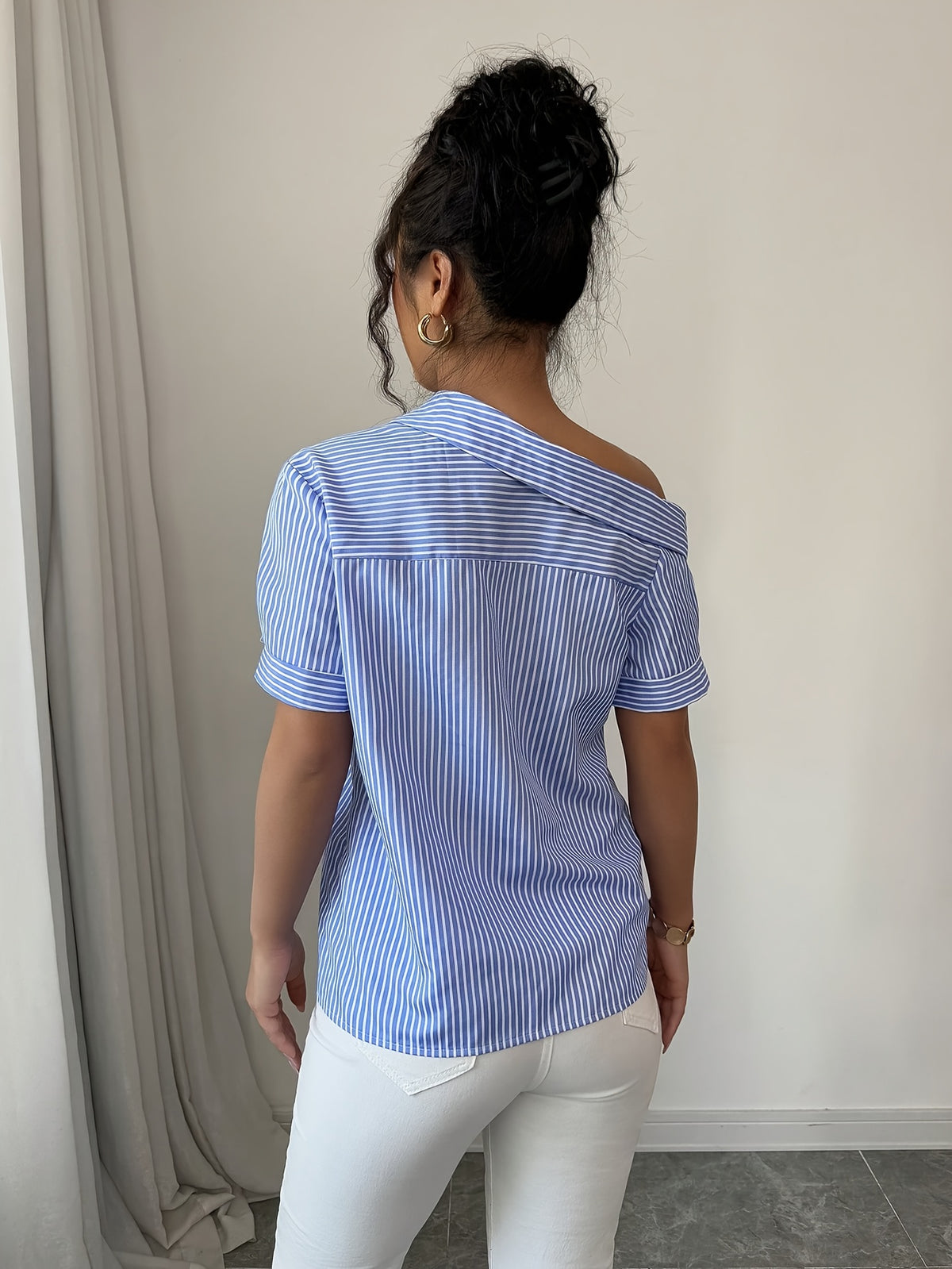 Casual Striped Off-the-Shoulder Shirt - Sky Blue