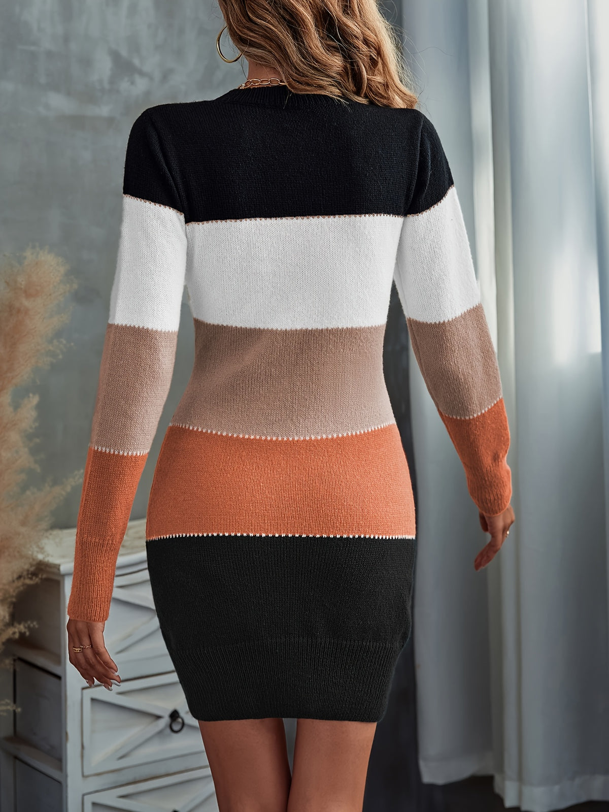 Women'S Easy Slim-Fitting Patchwork Casual Comfortable Color-Block Round Neck Sweater Dress - Light Brown-1