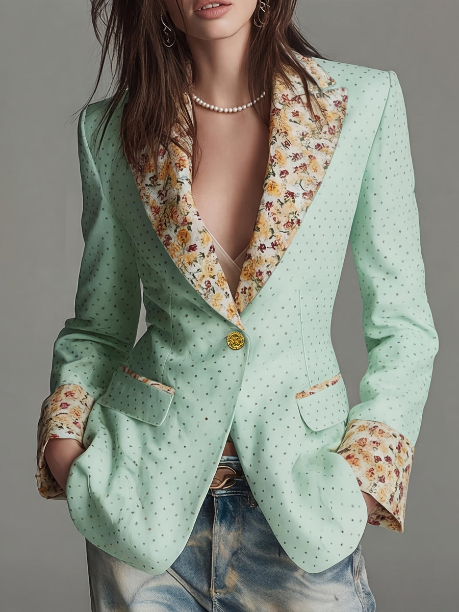 Women'S New Style Temperament Polka Dot Printed Sleeve And Collar Patchwork Floral Fashion Commuter Waist-Cinching Suit Jacket with Lining And Pockets - Light Green