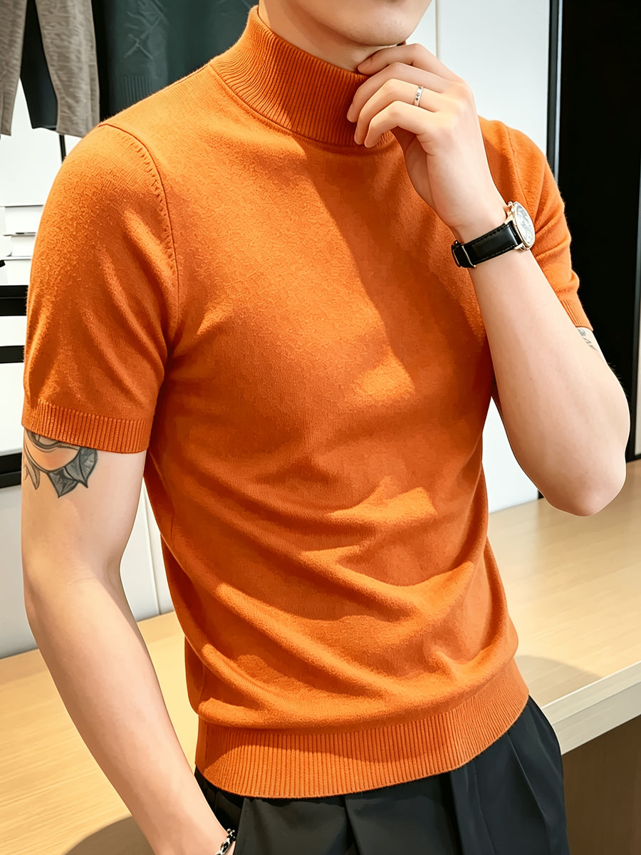 LVLAEA Men'S Spring Autumn Vintage Sweater, Vacation Casual Style Slim Short Sleeve Pullover, Halloween, Christmas Business Casual Commute Sweater, Western Style Easy T-Shirt, Breathable Comfortable Fit, Fitness Enthusiast Top, Knit - Orange