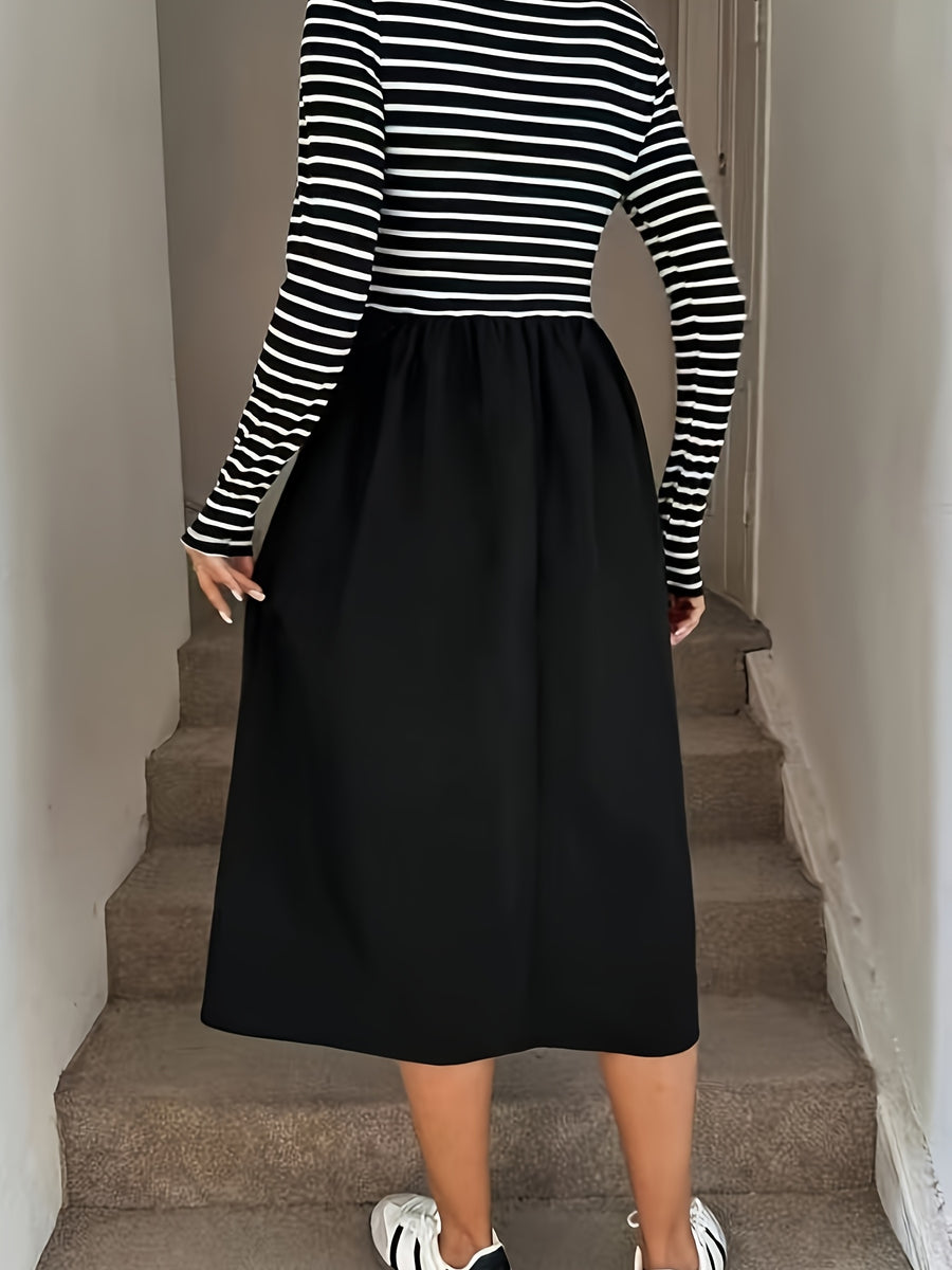 Women's Fitted Striped Skirt - Tailored Long Length with Round Neck & Black/White Stripes | Machine Washable Suitable for Commuting,, | - Blouse-Compatible for Females (No Transparency) - Black