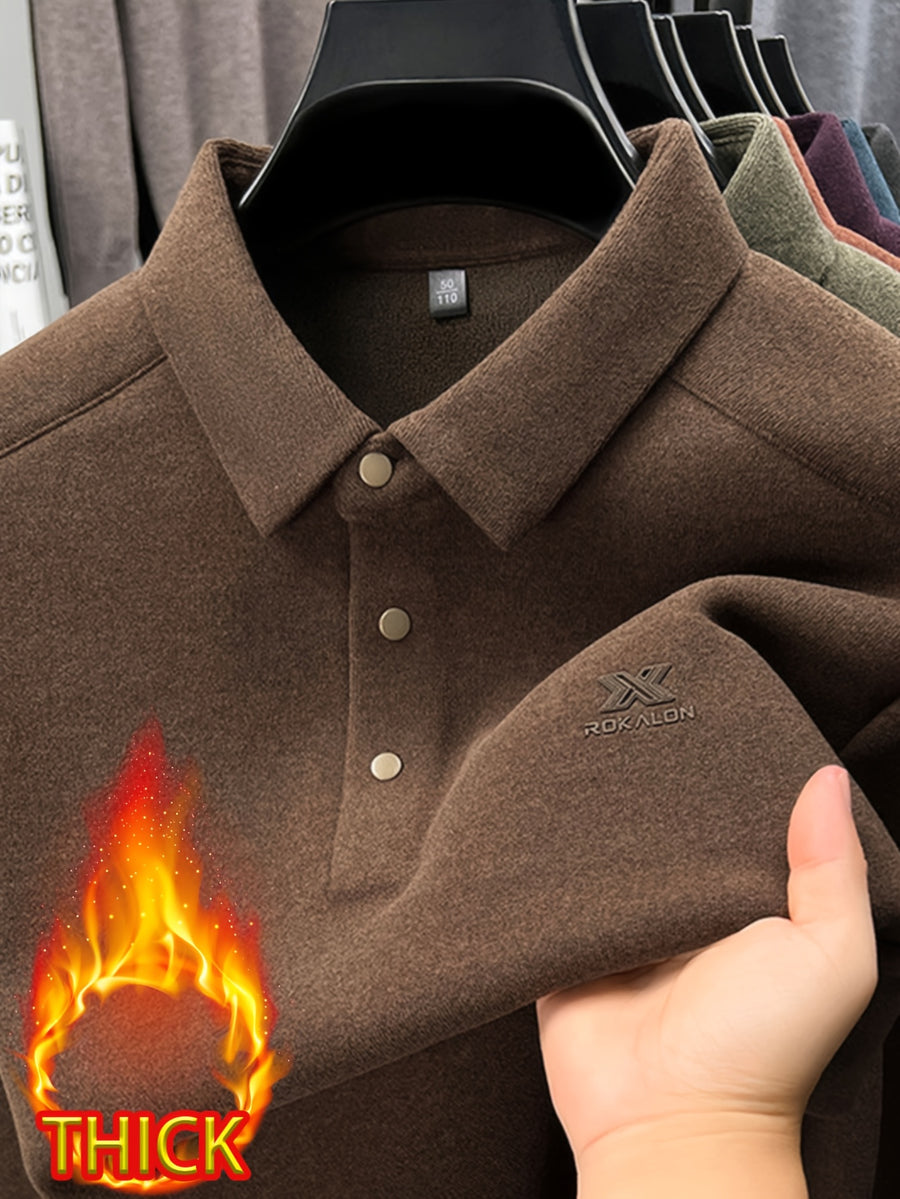 Thickened Men'S 3-Button Collar Polo Pullover Long Sleeve, Buttoned Placket, Ribbed Cuffs, Suitable for Autumn Inner And Outer Wear - SINBOS - Mocha Brown