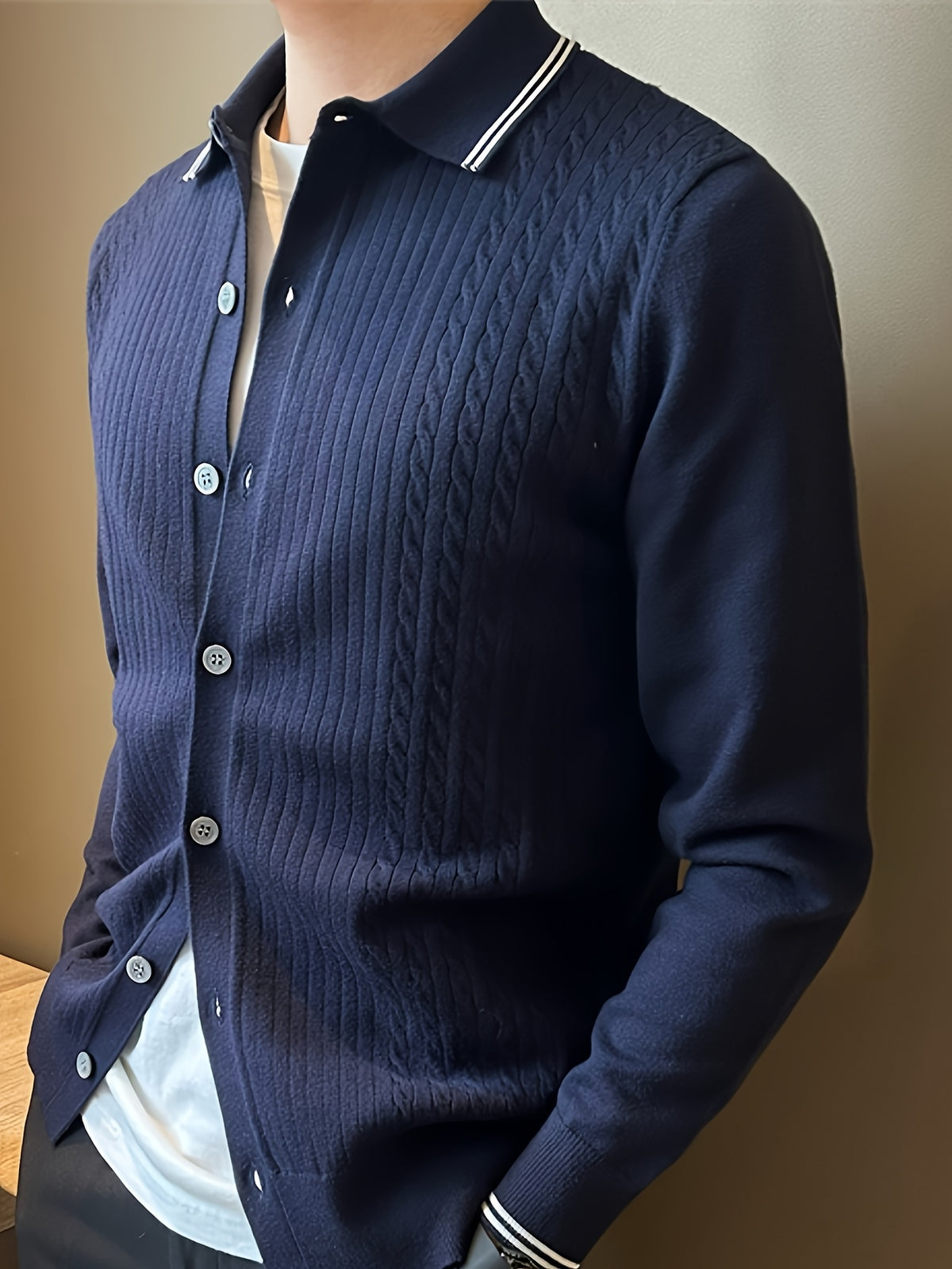 Men's Fashion Color-Block Knit Cardigan, Lightly Mature Design with Twisted Pattern and Warm Collar Sweater - Navy Color