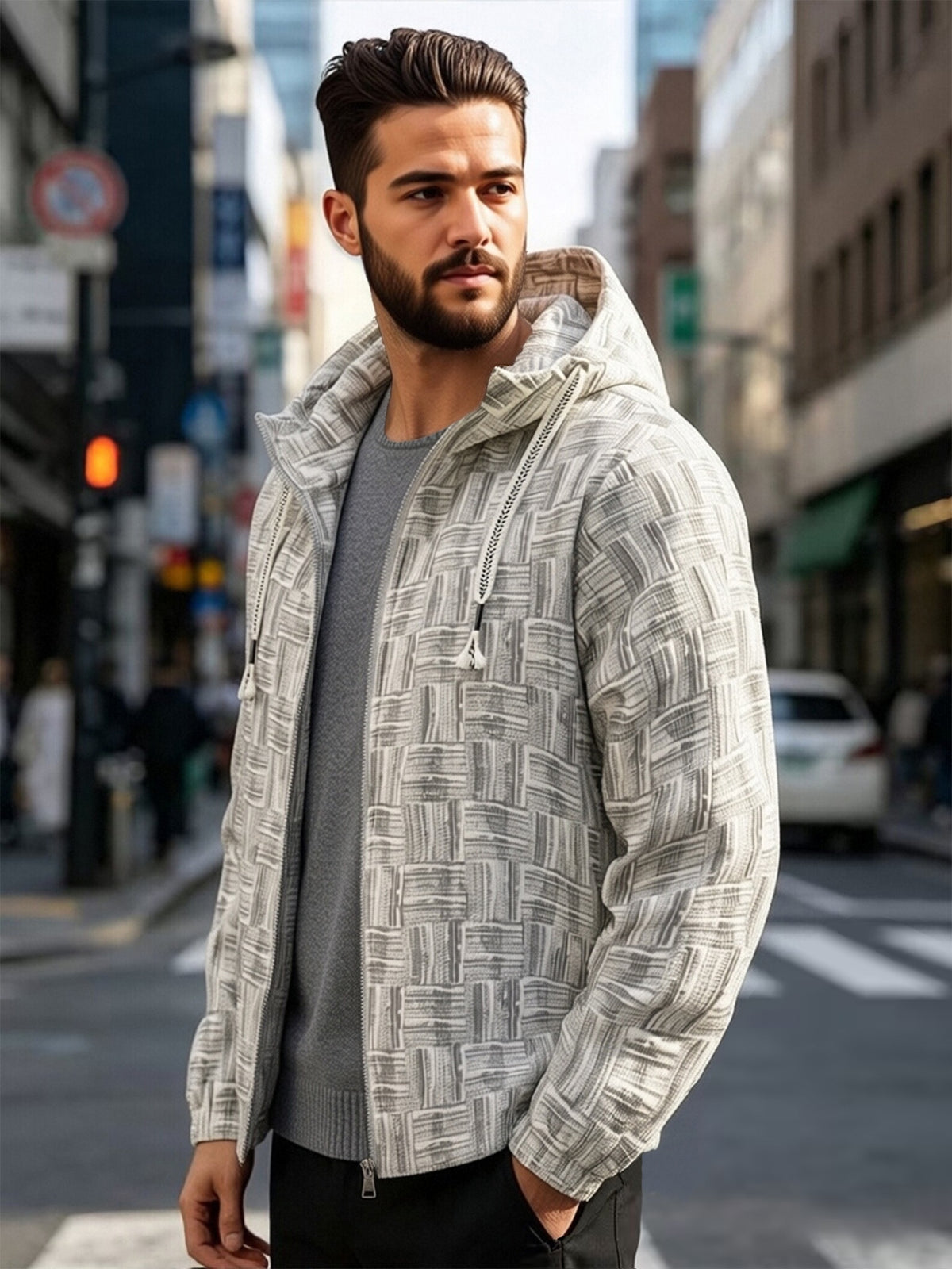 EXARUS Men'S Vintage Plaid Jacquard Hooded Zip-Up Jacket, American Casual Open Cardigan Hoodie, Individual Woven Texture Pattern, Tassel Decor Drawstring with Smooth Metal Zipper, Elastic Cuffs, Loose Casual Fit. Comfortable And Breathable Fabric - Off-white