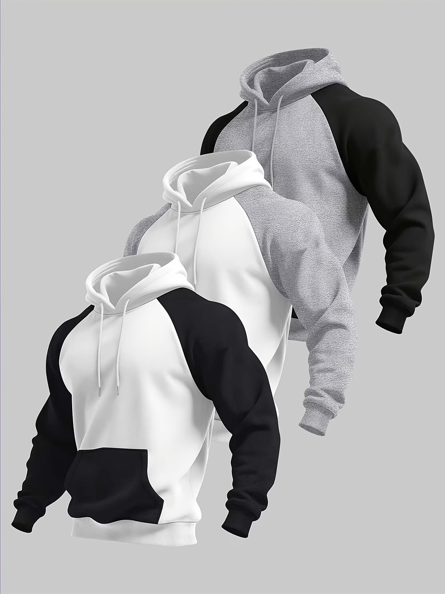 Men's Colorblock Hooded Sweatshirt, Spring/Autumn Solid Color Versatile Loose Fit Casual Pullover Hoodie, 3pcs Set - Black with White - Light Gray with White - Light Gray with Black