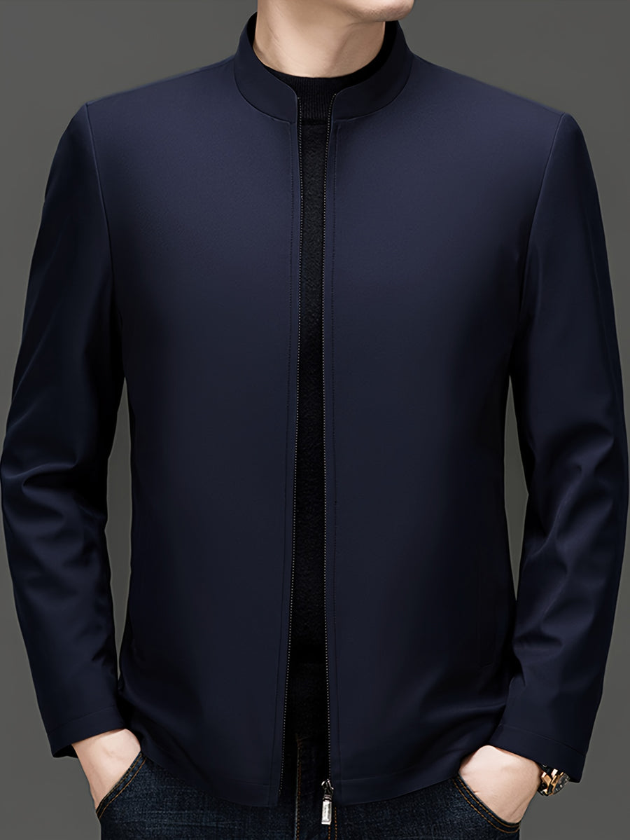 New Men'S Jacket for Spring/Autumn, New Business Casual Top with Stand-Up Collar And Zipper Closure, Machine Washable Polyester, Solid Regular Fit Suitable for Autumn Weather, Men'S Business Casual - Navy Color