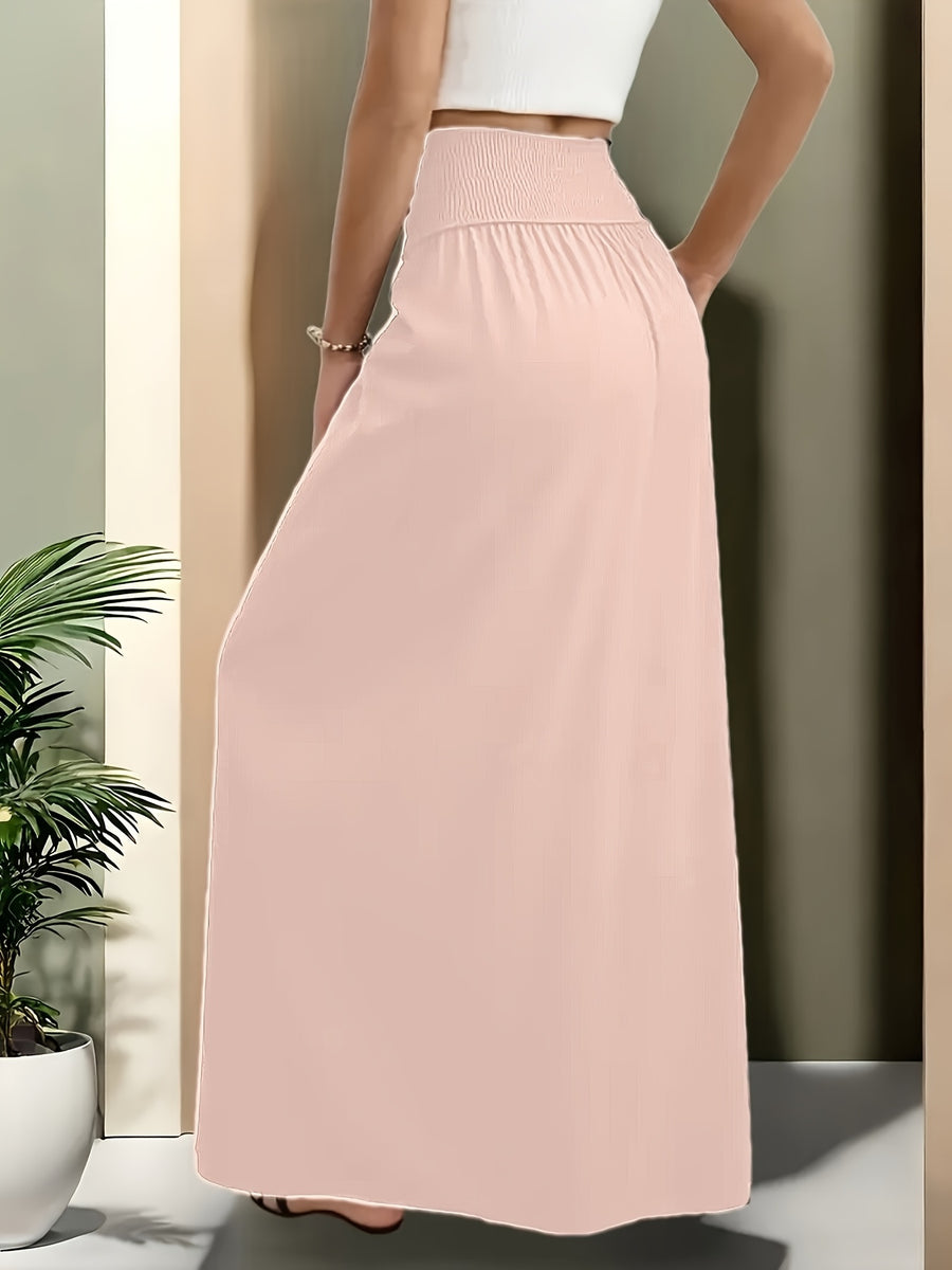 Ladies' Elegant High-Waisted Solid Color Skirt with Elastic Waistband and Pockets - Versatile Midi Summer Dress, Machine Washable, Suitable for Holiday Casual or Office Wear - Beach Outing - Opaque Material - Pink