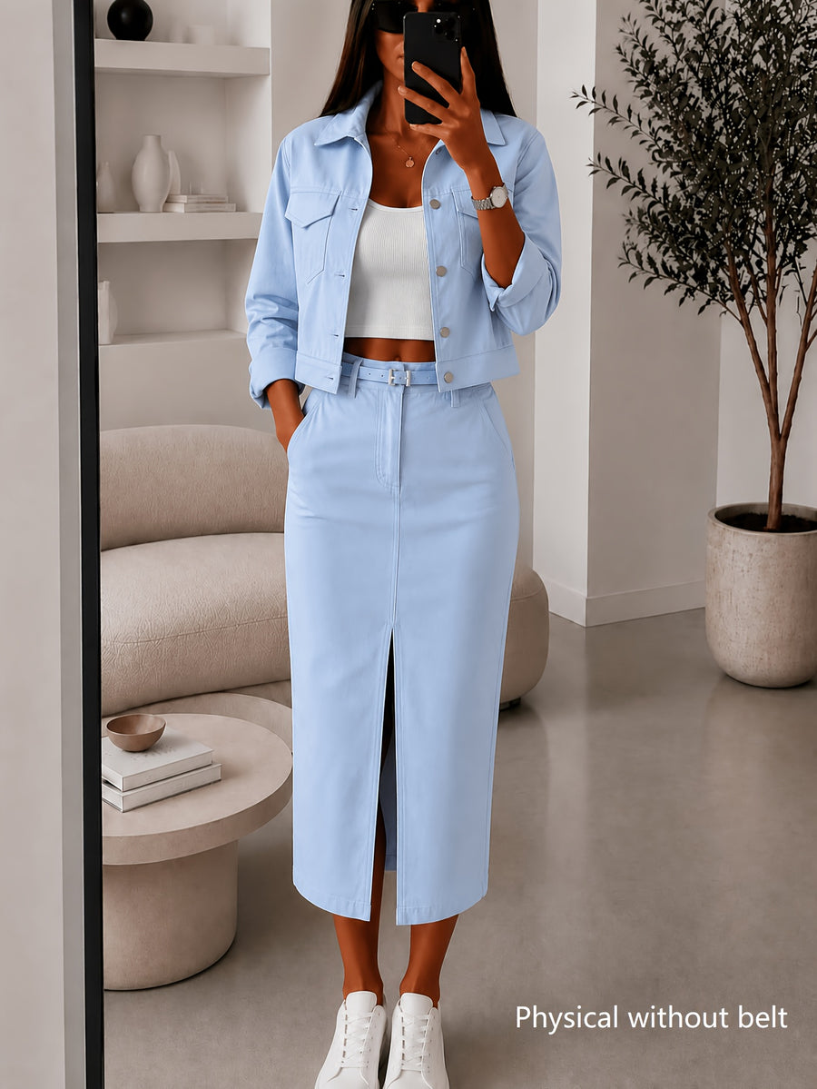 Autumn Winter Women'S Skirt And Jacket Two-Piece Set, Slit Midi Skirt And Short Jacket Long Sleeve Outerwear - Blue