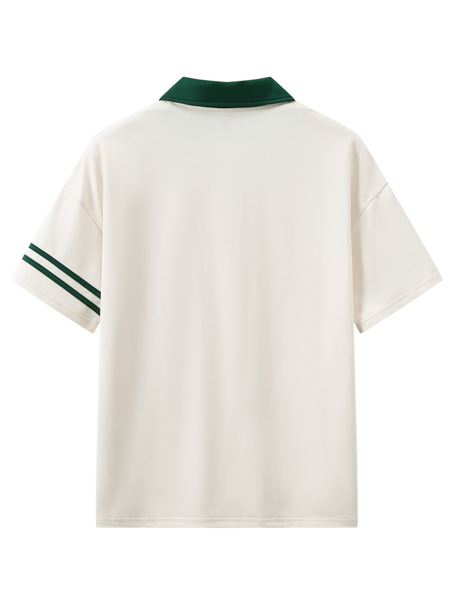 Warner Bros. Exclusive License, American Retro Color-Block Classic Character Print Polo Shirt, Men'S Casual Comfortable, Multi-Functional Loose Summer Polo Shirt, Summer Loose Lapel Japanese Style Polo Short Sleeve T-Shirt - Apricot And Green