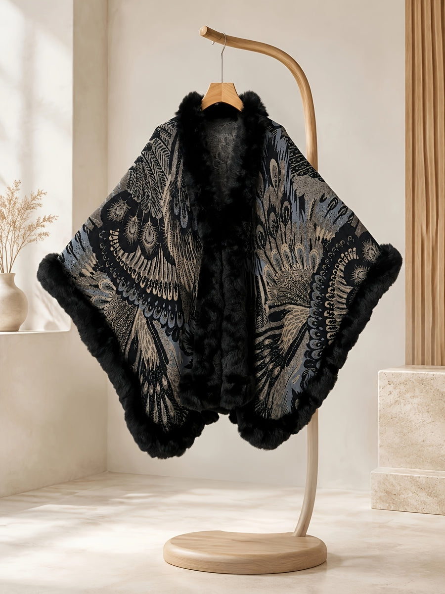 Women's Faux Trim Cape Shawl, Pea Rooster Pattern Acrylic Poncho Wrap, Open Front Sleeveless Fall Winter Outerwear - Black