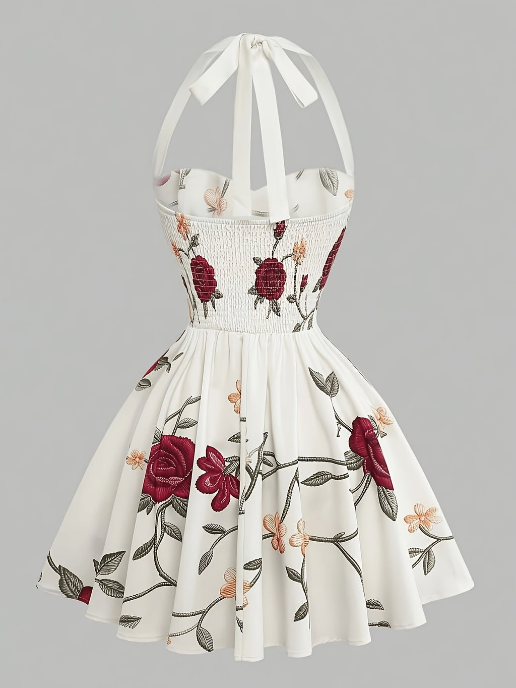 Elegant Rose Print Halter Neck Waist-Cinching A-Line Short Dress - White