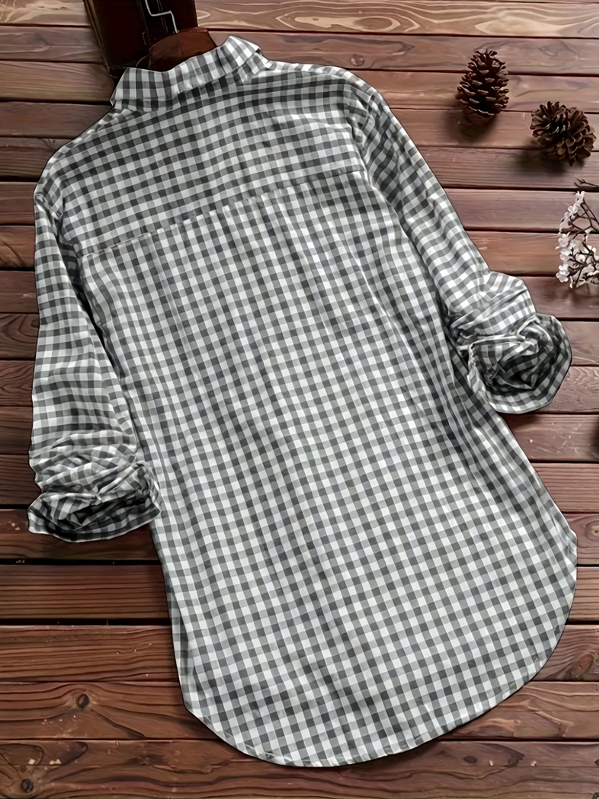 Women'S Spring Summer Casual Retro Commuter Long Sleeve Plaid Shirt - Grey