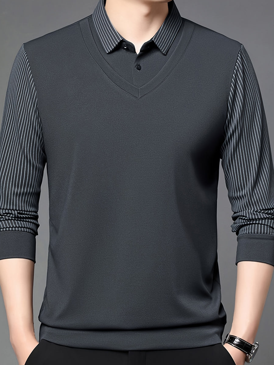Men'S Shirt Collar Faux Two-Piece Polo Sweater, Suitable for Middle-Aged Men, Commute And Business Gatherings - SINBOS, Knit - Medium Gray