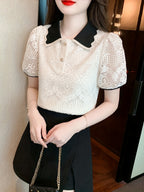 Unique French Chic Beautiful Airy Loose Hollow-Out Polo Collar Lace Blouse Short Sleeve Top Women'S Summer Premium Feel - Apricot