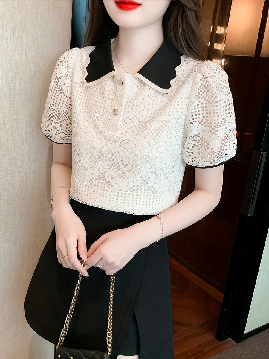 Unique French Chic Beautiful Airy Loose Hollow-Out Polo Collar Lace Blouse Short Sleeve Top Women'S Summer Premium Feel - Apricot