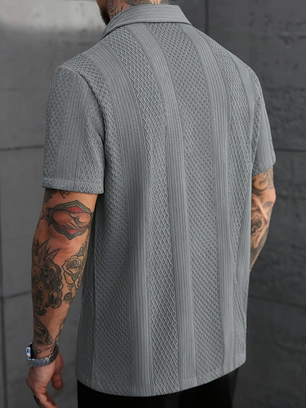 Men'S Solid Color Knitted Short Sleeve Shirt - Slate Grey