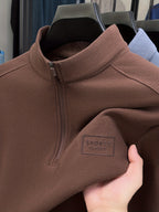 Men'S 1/4 Zip Long Sleeve Sweatshirt, Spring/Autumn Business Casual Golf Top, Half-Zip Collar High Neck Long Sleeve T-Shirt, Soft Comfortable Casual Sportswear, Outdoor Spring/Autumn Warm Clothing, Logo on Chest, Mature Men'S Apparel - COFFEE COLOR