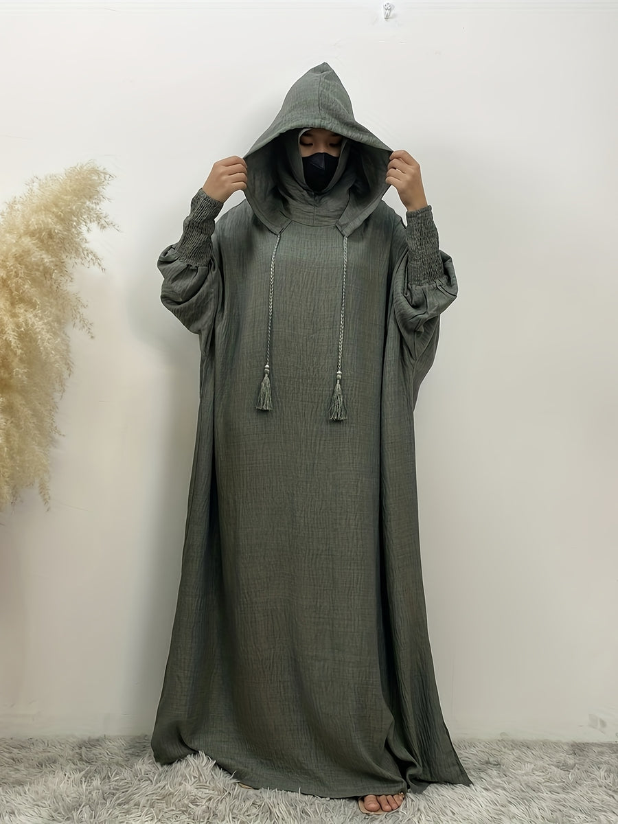 Fashionable Muslim Batwing Sleeve Hooded Abaya Casual Hooded Dress - Light Green