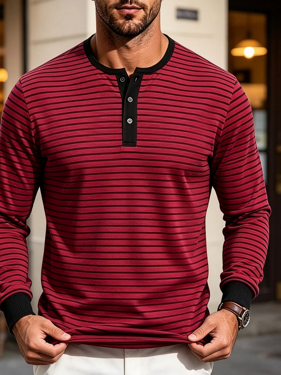 New Men's Striped Henley Neck Long Sleeve T-Shirt, Contrast Color Placket Button Casual Slim Fit Base Layer Top for Spring and Autumn - Red