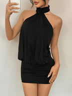 Women'S High Neck Backless Mini Bodycon Halter Dress - Black