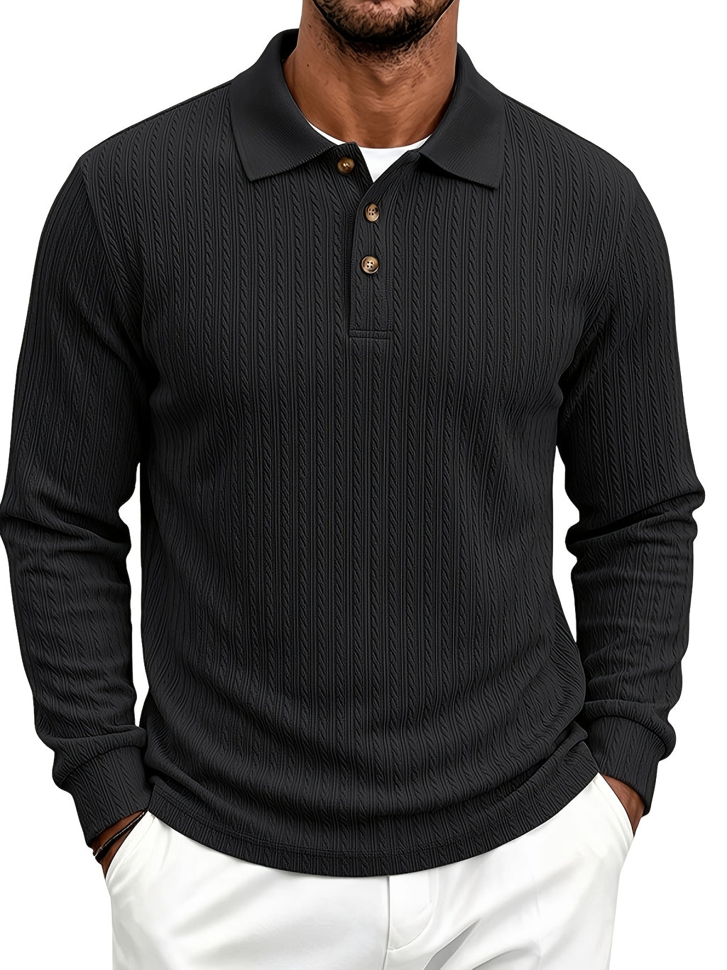 Spring/Autumn Men'S Long Sleeve Polo Shirt, High-Elastic Textured Vertical Rib Jacquard Collar T-Shirt, Business Casual Slim Fit Versatile Solid Color Pullover Top - Space Black