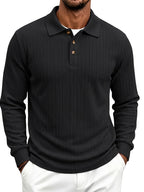 Spring/Autumn Men'S Long Sleeve Polo Shirt, High-Elastic Textured Vertical Rib Jacquard Collar T-Shirt, Business Casual Slim Fit Versatile Solid Color Pullover Top - Space Black