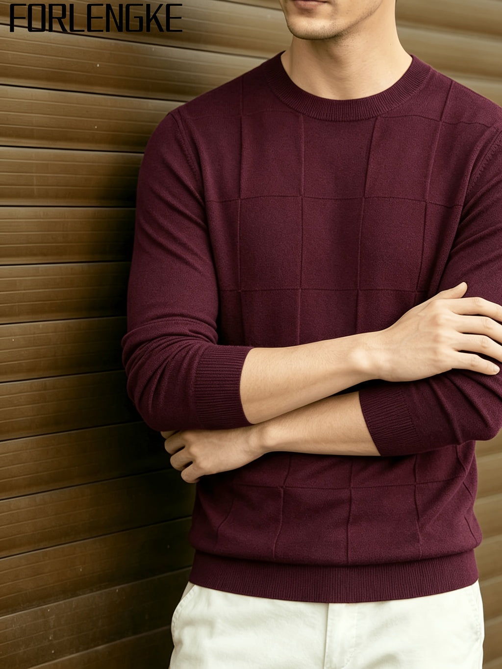 FORLENGKE Stylish Elegant Men'S Business Casual Grid Textured Crew Neck Knit Sweater, Soft Warm Long Sleeve Pullover for Fall Winter Office Daily Wear - Burgundy