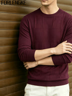 FORLENGKE Stylish Elegant Men'S Business Casual Grid Textured Crew Neck Knit Sweater, Soft Warm Long Sleeve Pullover for Fall Winter Office Daily Wear - Burgundy
