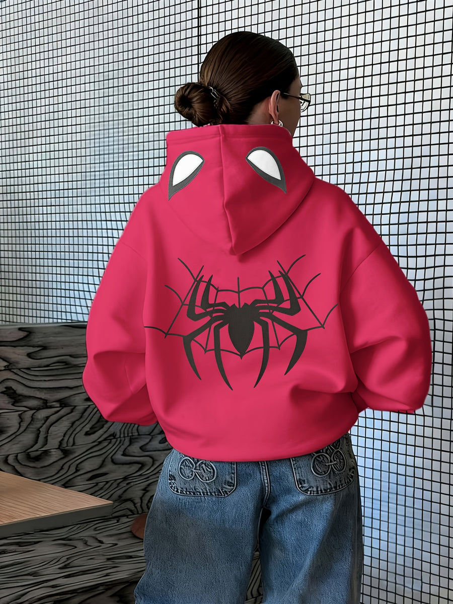 A Trendy Hooded Sweatshirt Featuring a Stylish and Versatile Spiderweb Print, Suitable for Autumn and Winter, Women's Clothing - Rose Red