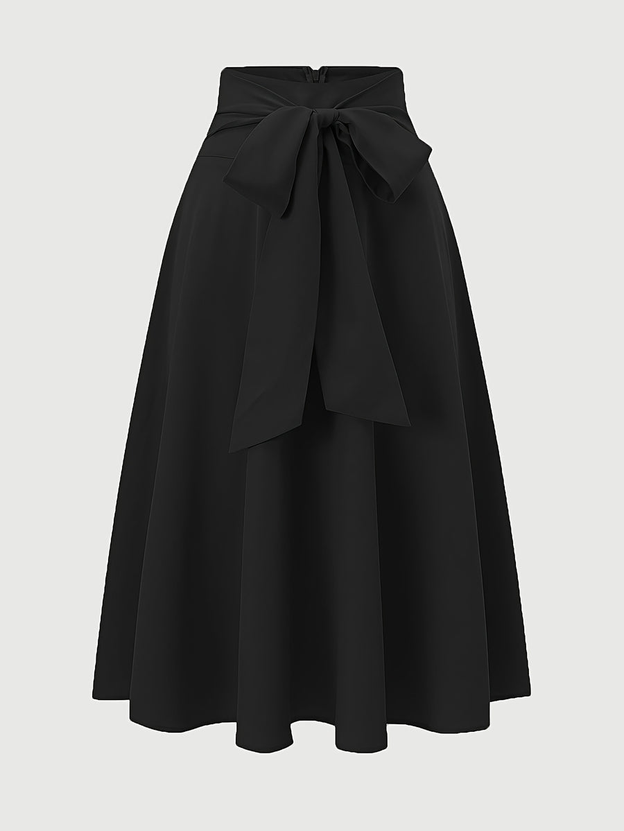 Elegant High-Waisted -Line Bell Skirt with Tie-Waist & Zipper Closure - Solid Color Flared Skirt Suitable for Daily Wear, Weddings, Parties, Spring Summer Fall Outfits, Machine Washable Non-Stretch Skirt - Black