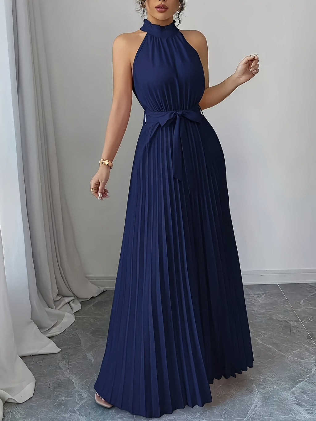 High-society Style Temperamental Off-shoulder Halter Neck Dress for Women, Summer Design with Cinched Waist, Tie-up Detail, Pleated, Loose Fit, and Full Flared Hem - Blue
